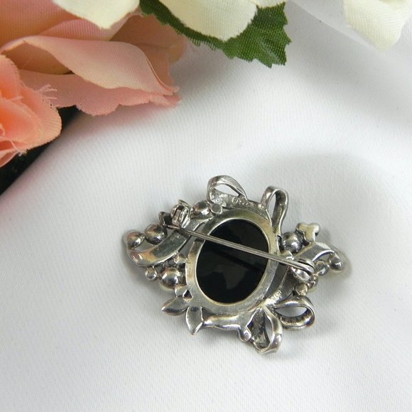 Sterling Silver Marcasite Crystal Onyx Pin | Victorian Cameo Brooch - Picture 3 of 5